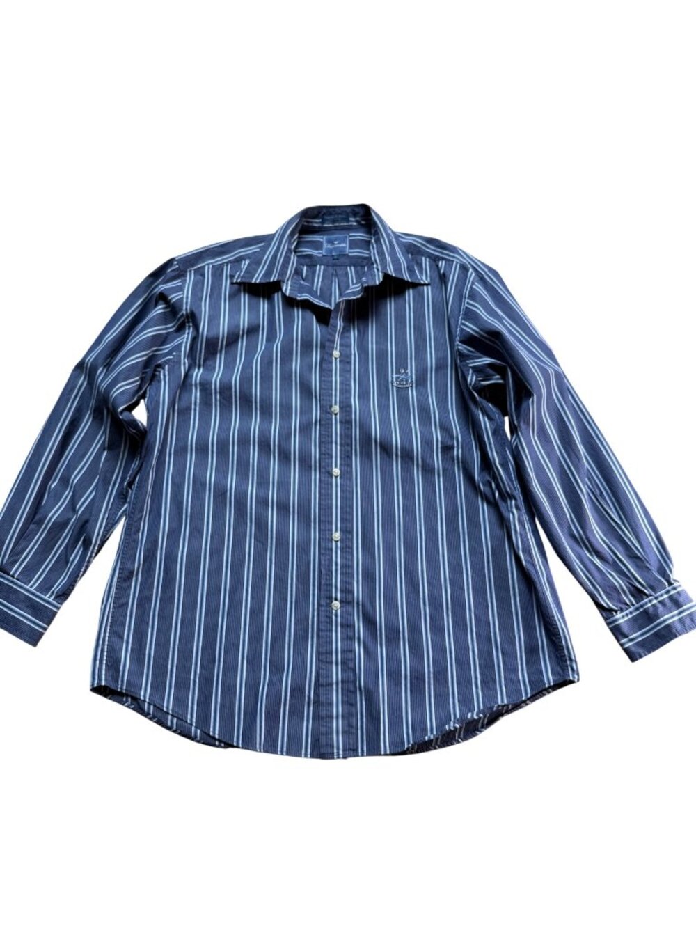 Faconnable Mens Large Navy Blue Striped Shirt 100% Cotton Button Up Long Sleeve